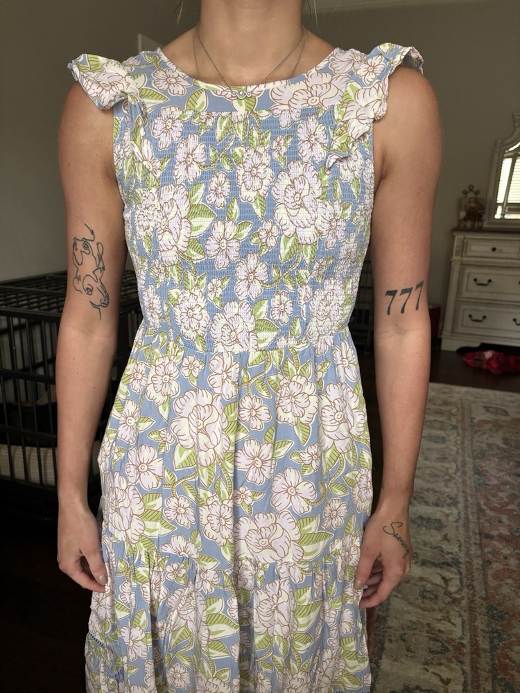 Matilda Jane Dress Womens M Blue Floral Midi Ruffle Pockets Smocked Whimsical
