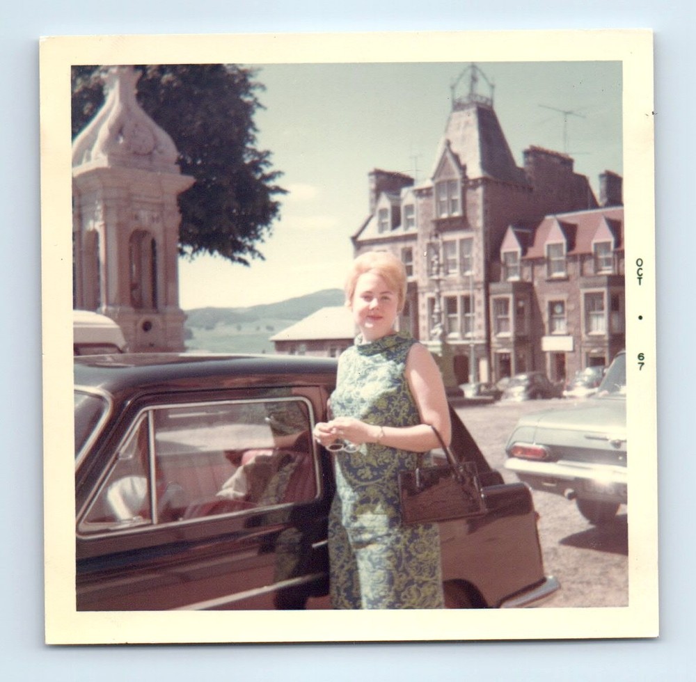 Old Vintage Square Color Photo SOLO WOMAN BY CLASSIC CAR SCOTLAND LOCH 1967