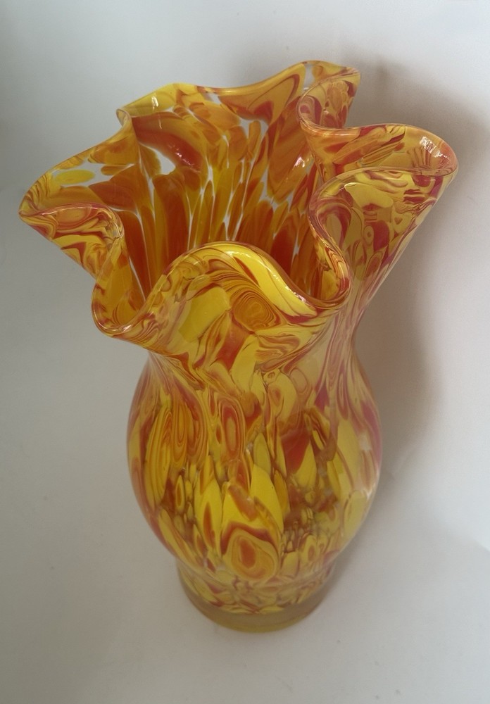 Vintage Murano Art Glass Vase Ruffled Edge Hourglass Yellow Orange Red 11” Tall