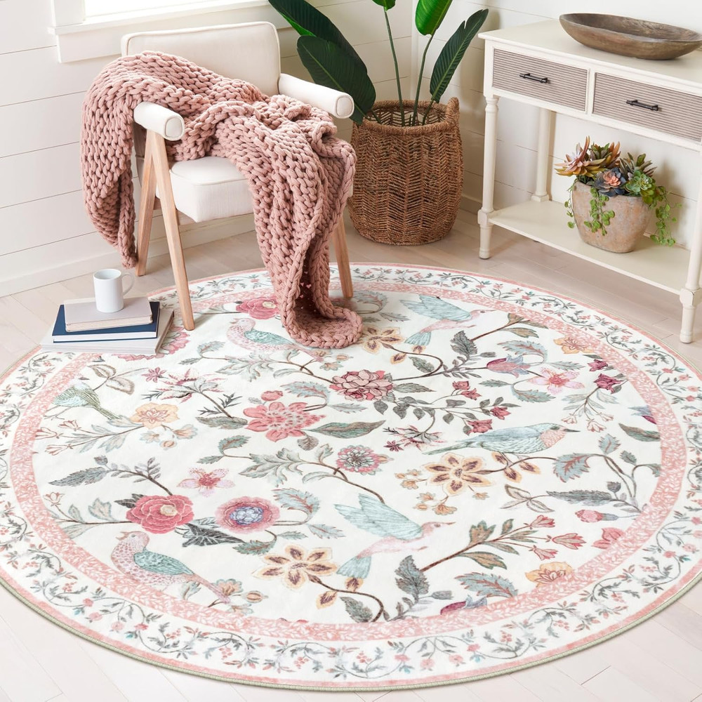 Pink Floral round Rugs 4Ft, Washable Boho Circle Rug for Girls Bedroom, Soft Non
