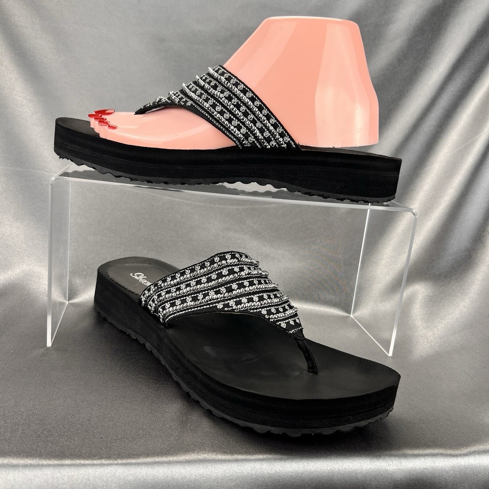 Skechers Cali Vinyasa Beaded Flip Flops Women Size 9 Black Boho Y2K Summer Sandals