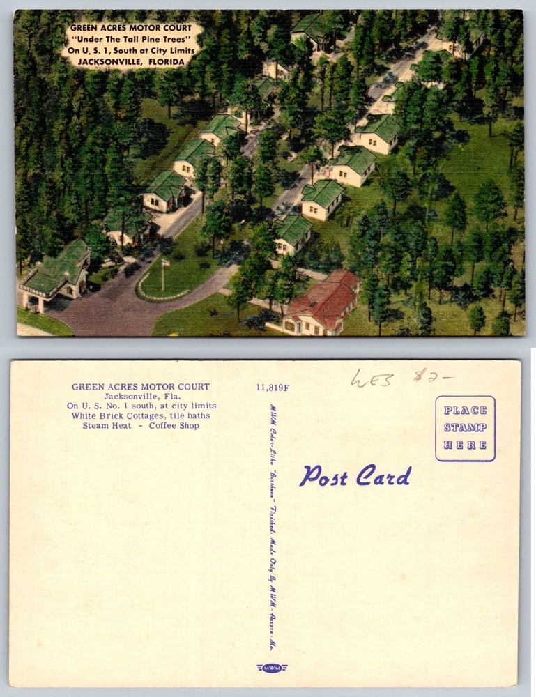 Green Acres Motor Court Jacksonville FL Vintage Linen Postcard US 1 Pines