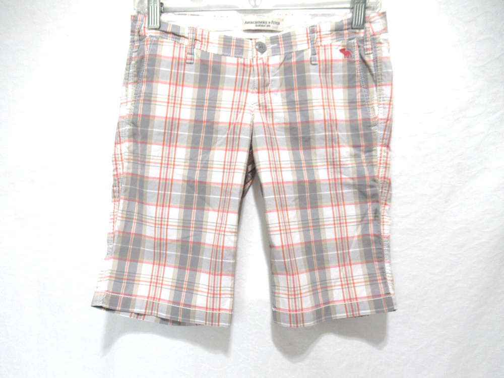 Abercrombie & Fitch Sz 00 Tan Pink & White Plaid Super Low Rise Bermuda Shorts