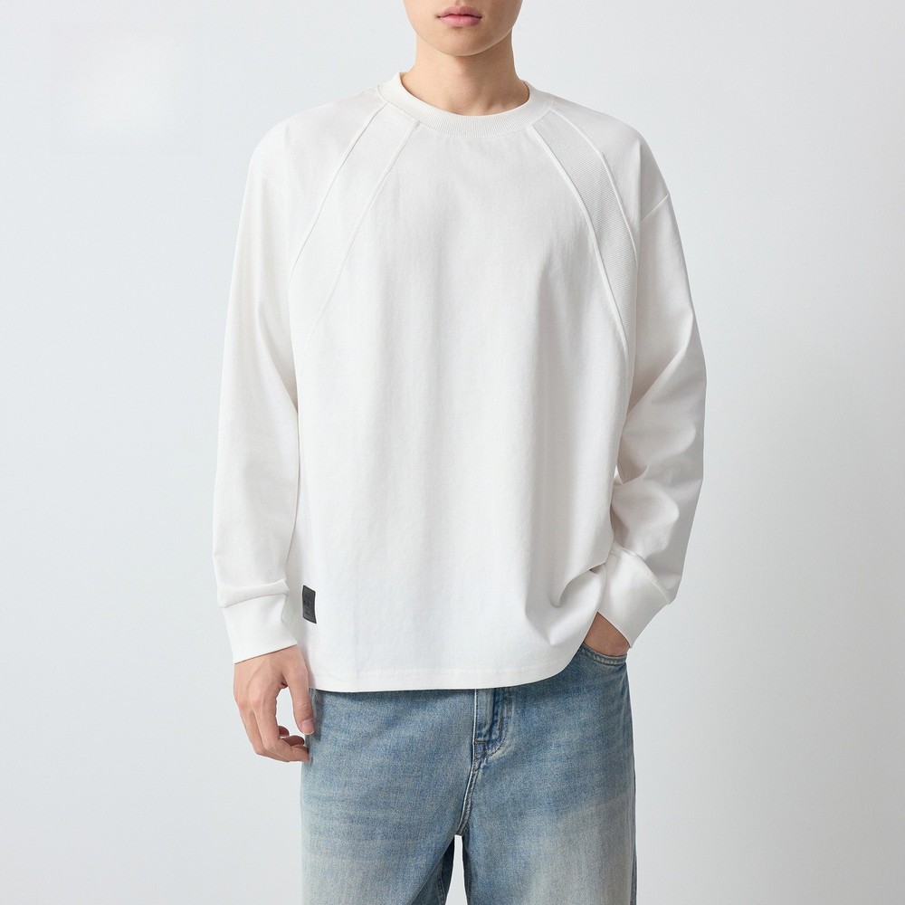 Spring Men's Sports Round Collar Long Sleeve Pullover Casual White T-Shirt Tops