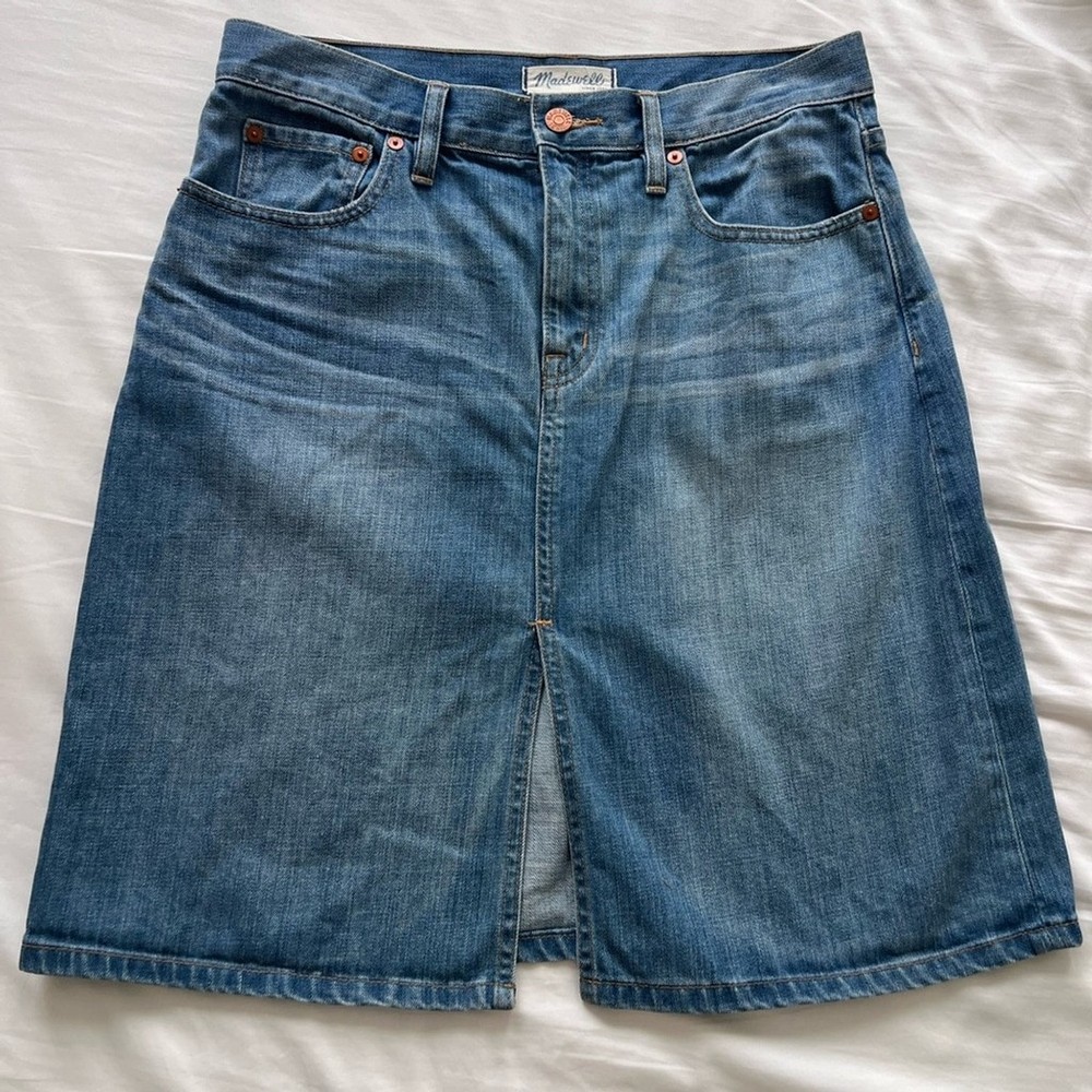 Vintage Madewell Classic Blue Rigid Denim Front Slit A Line Midi Skirt Size 29