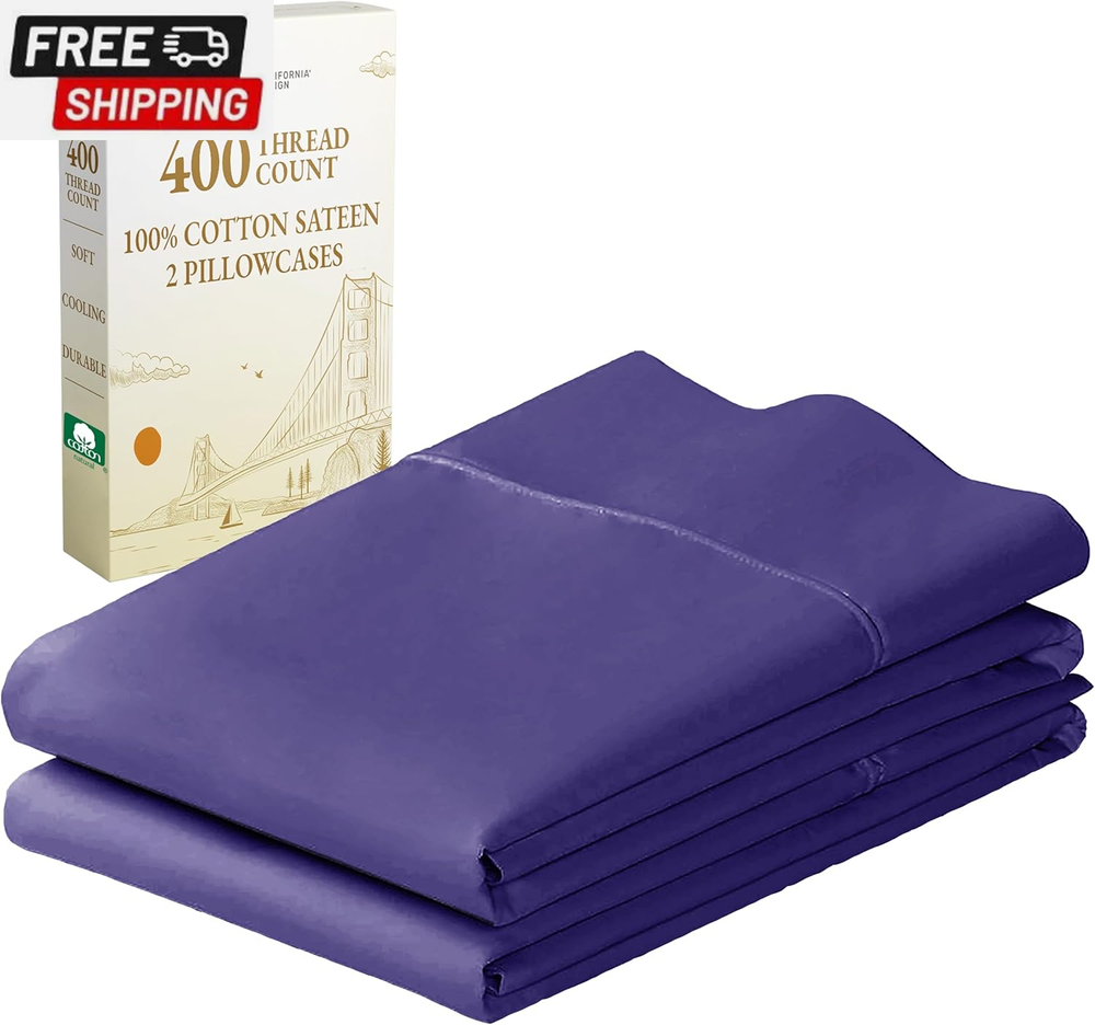 King Size Pillowcase Set - 400 Thread Count, 100% Cotton Sateen, Luxury Set of 2