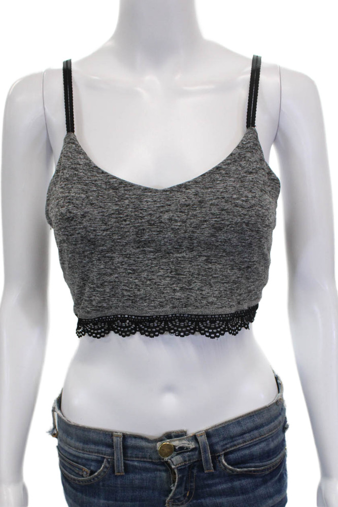 Beyond Yoga Womens Spaghetti Strap Scoop Neck Lace Trim Sports Bra Gray SmallFree Shipping in US $100+ Orders | $6.95 Orders Below