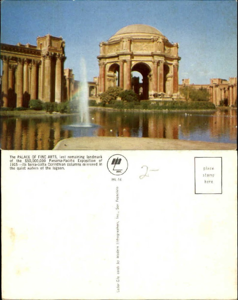Palace of Fine Arts San Francisco California pond fountain~1960s unused postcard