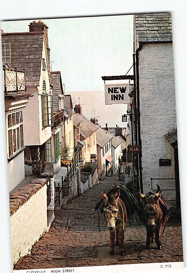Postcard High Street of Clovelly village in North Devon England
