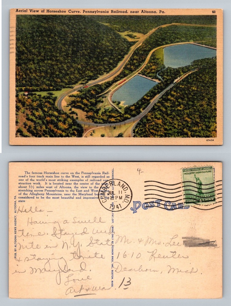 Altoona, PA-Pennsylvania, Horseshoe Curve Aerial Railroad Vintage c1941 Postcard