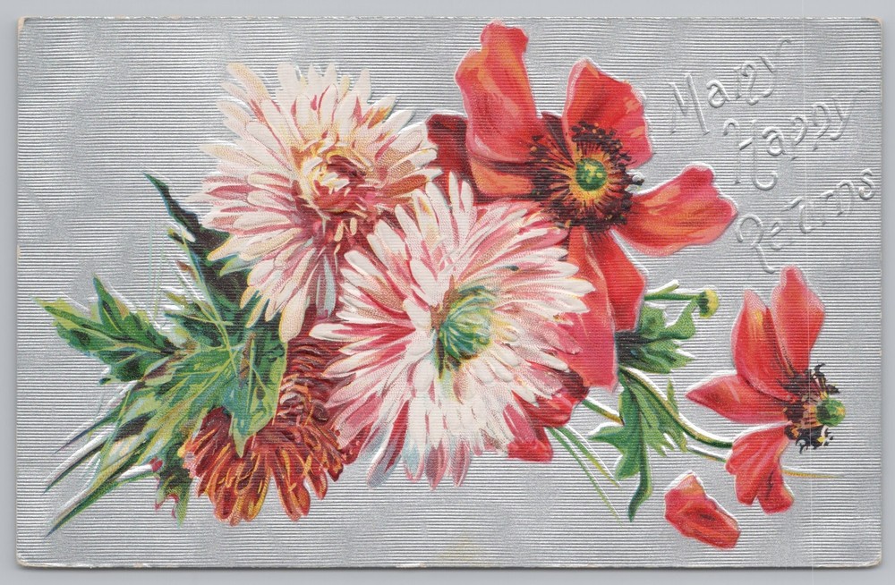 Greetings~Red Poppies & Pink Flowers Many Happy Returns~Vintage Postcard