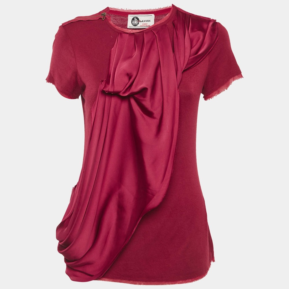 Lanvin Red Jersey Satin Drape Trim Detail Top S