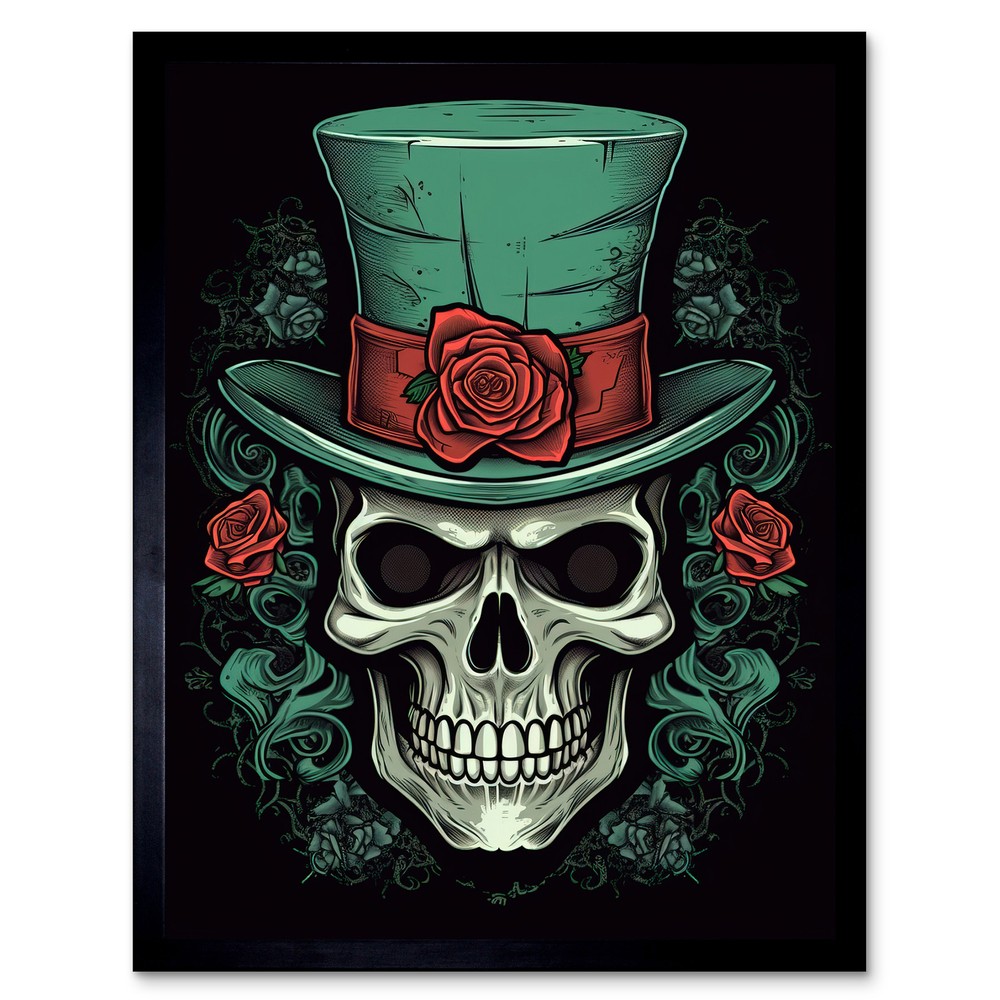 Skull Rose Top Hat Old School Tattoo Rockabilly 50s Framed Print Wall Art 12x16