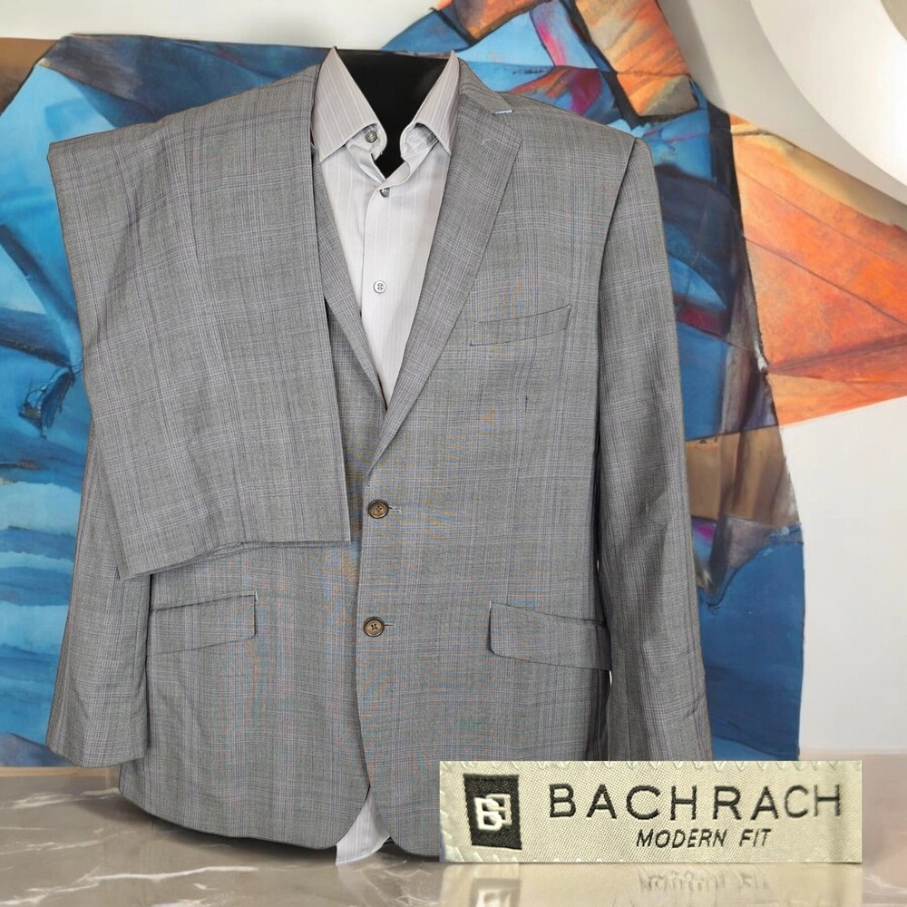 Bachrach 2 Piece Suit Mens 44R 38X29 Gray Plaid Super 120 Wool DV