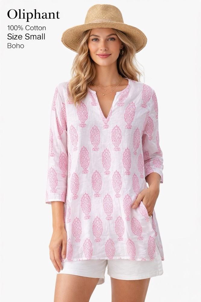 Oliphant Pink Block Print Cotton Tunic Top Size Small Boho Lightweight Summer