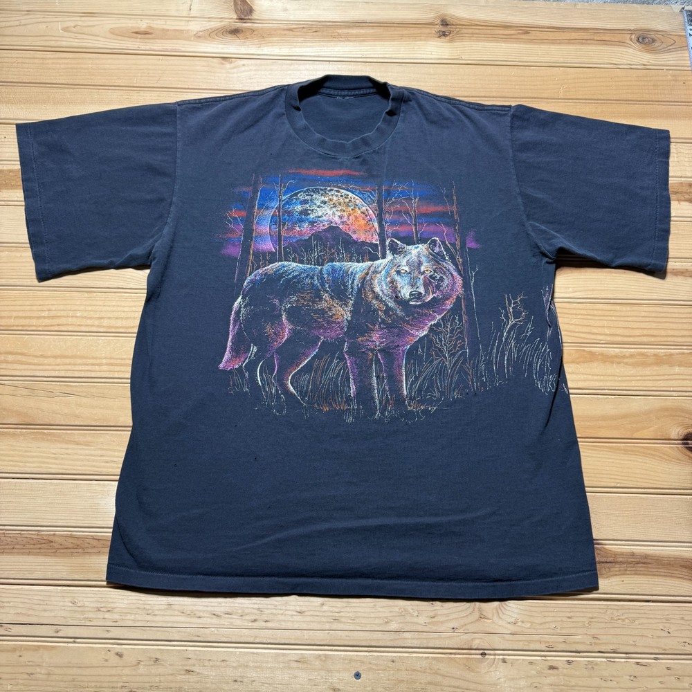 Vintage 90s Wolf Full Moon Wild Animal Nature Forest Double Sided Shirt Large