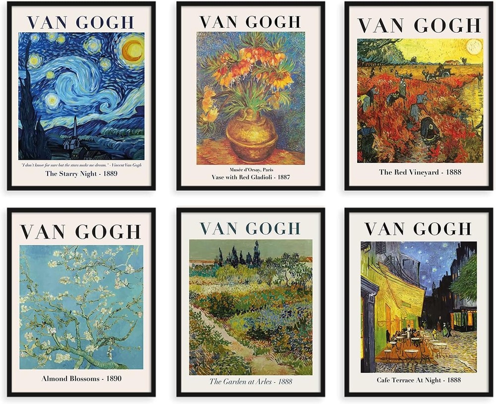 Van Gogh Prints - 11 x 14 - Set of 6; Starry Night, Red Vineyard, Almond Blossom
