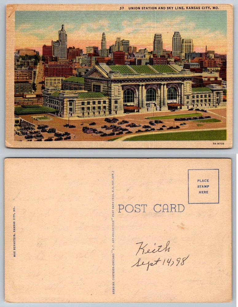 Kansas City MO Union Station Skyline Vintage Linen Postcard Curteich