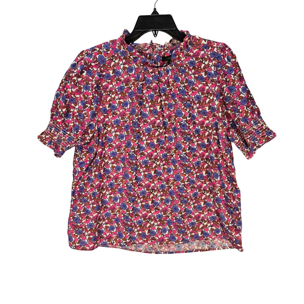 J.Crew Women Pink Floral Linen Ruffle Neck Puff Sleeve Smocked Blouse Top Medium