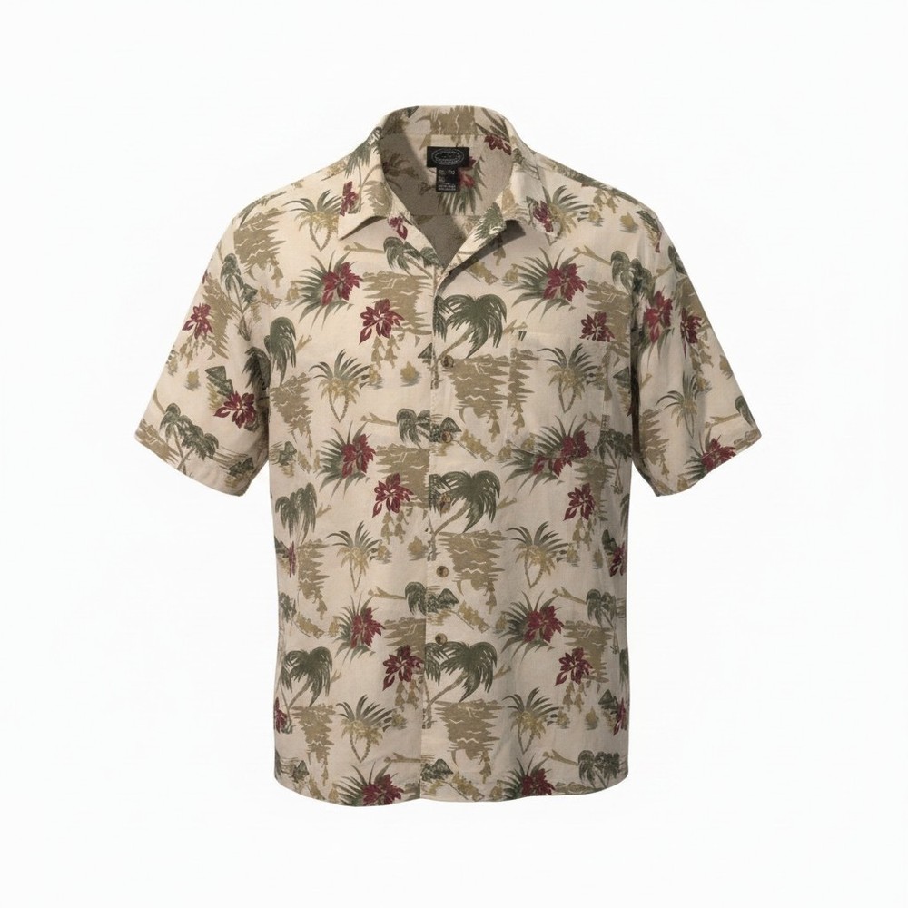 Vintage Men's Hawaiian Camp Shirt XL Palm Tree Tropical Aloha Beige Button Up
