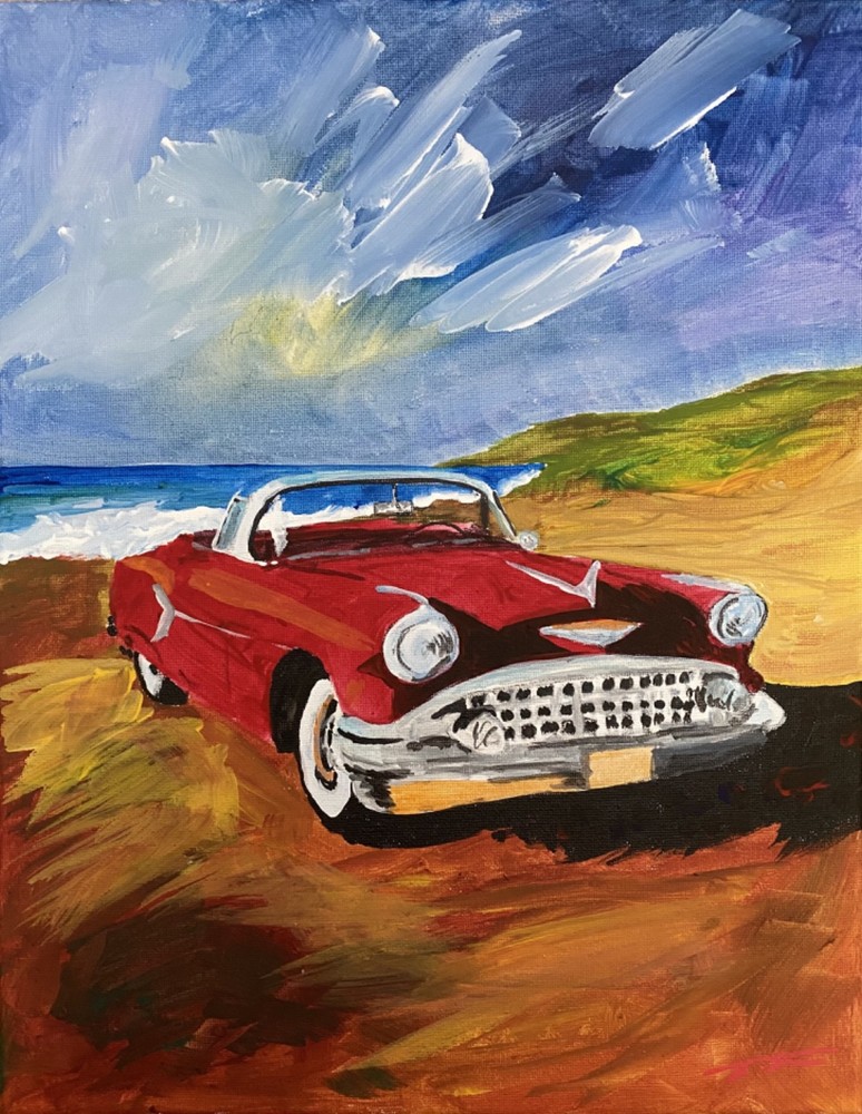 Red Convertible Southern California Beach Original Art 14x11 Canvas