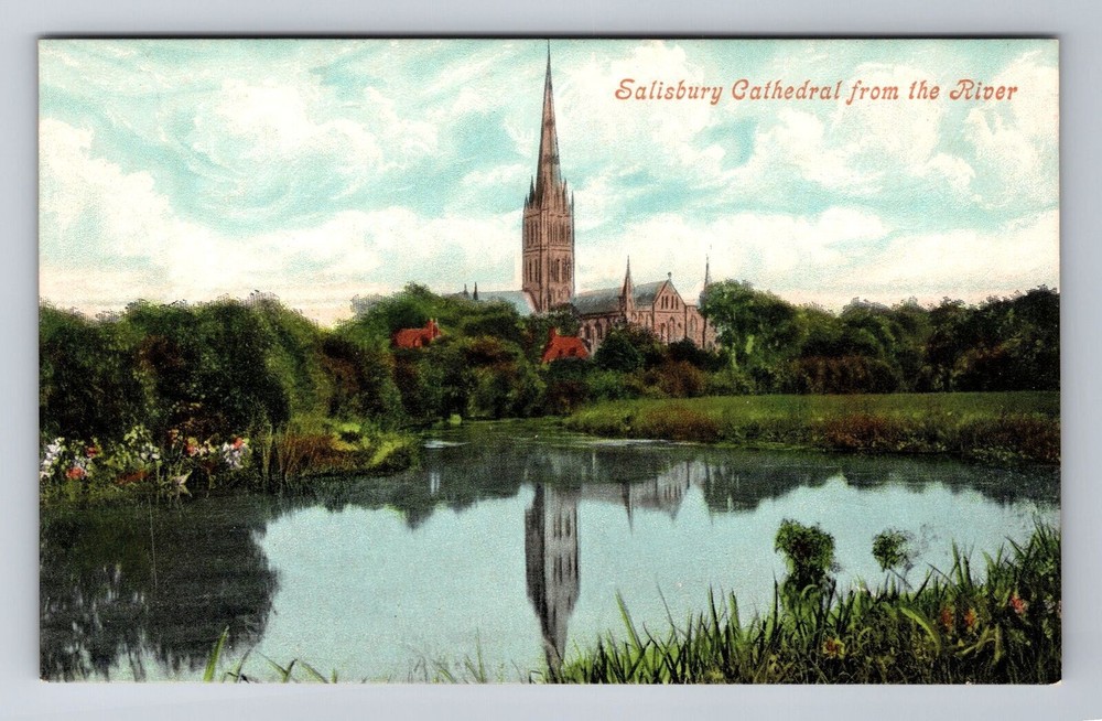 Salisbury-England, Salisbury Cathedral From River, Antique, Vintage Postcard