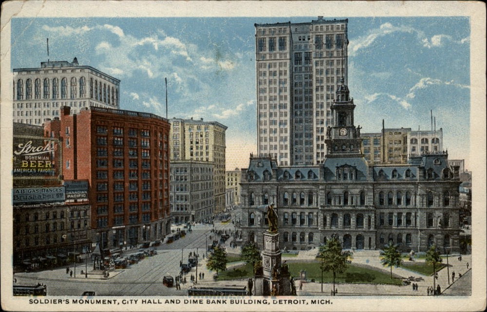 Michigan Detroit City Hall Dime Bank Building Soldiers' monument ~ 1927 postcard