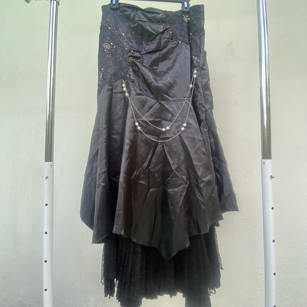 Y2K Euro Whimsygoth Black Beaded Asymmetrical Fairy Maxi Skirt Size Large