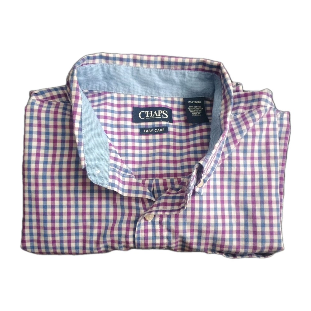 Chaps Easy Care Short Sleeve Button Down Shirt Mens XL Raspberry Plaid