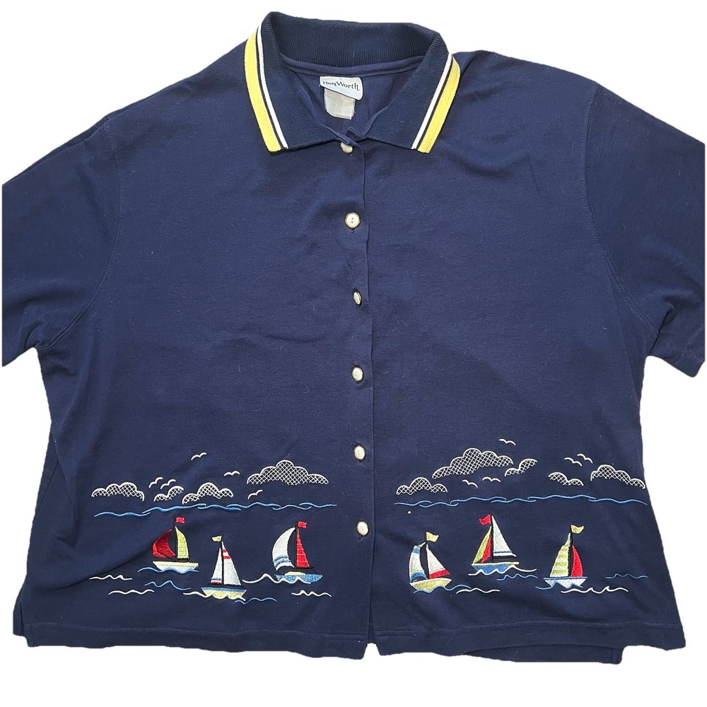 Vintage 90s BonWorth Embroidered Sail Boats Button Up Shirt Women’s XL Nautical