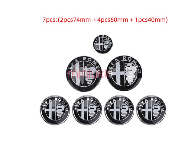7 Black White ALFA ROMEO Hood Trunk Hubcaps Steering Wheel Emblems Badges Decals