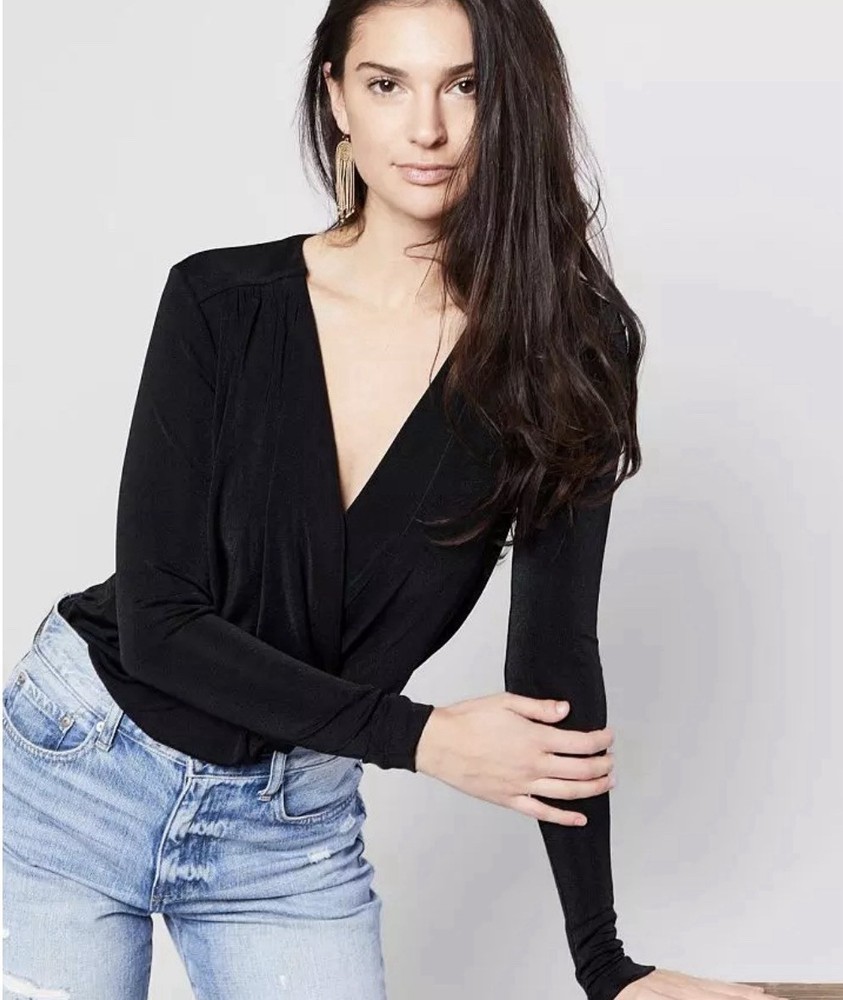 Free People Women's Black Long Sleeve Surplice V-Neck Bodysuit Sz S