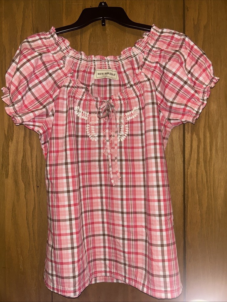 New Bit & Bridle Womens Pink Gingham Embroidered Puff Sleeve Top Medium NWOT