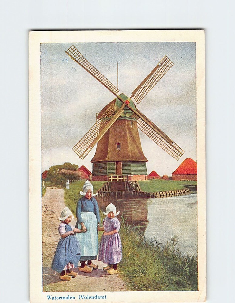 Postcard Watermolen (Volendam) Windmill Dutch Attire Netherlands