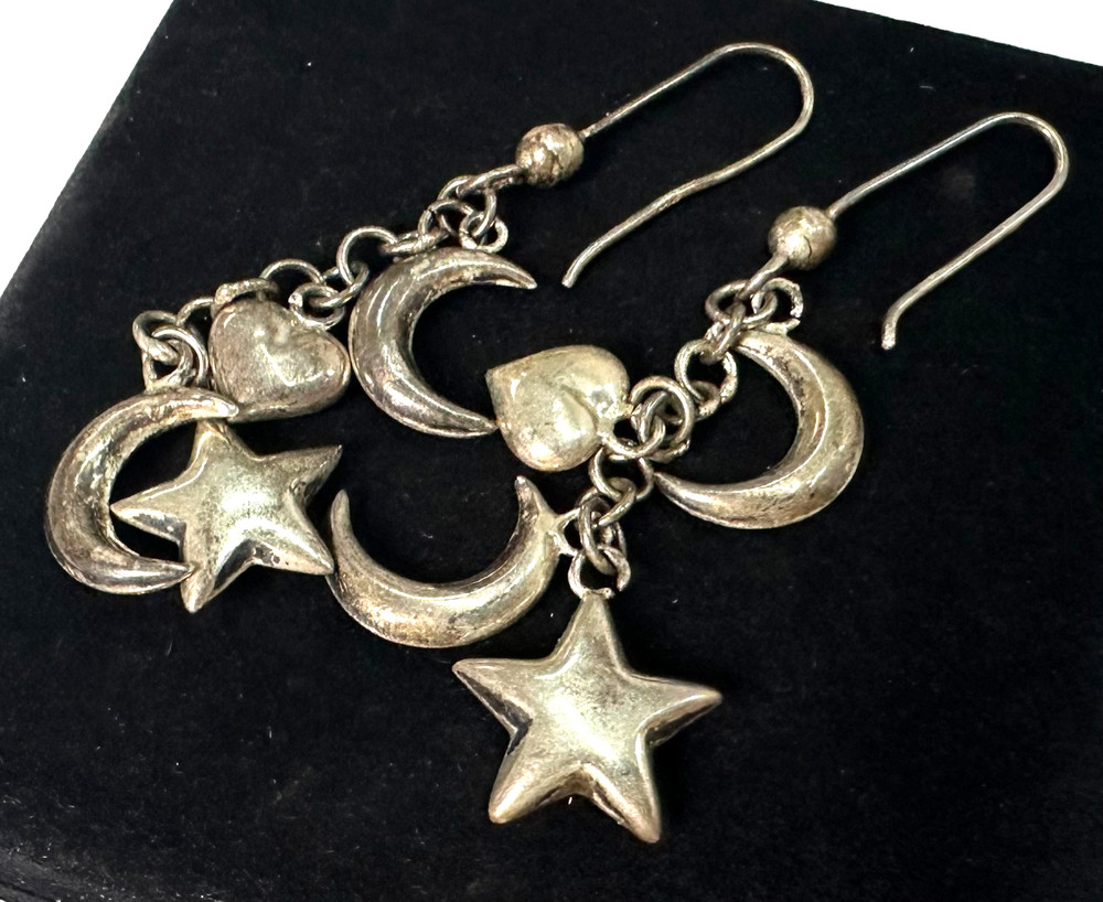 Vintage Moon Star Dangle Earrings MARKED 925 Sterling Silver Jewelry Lot I