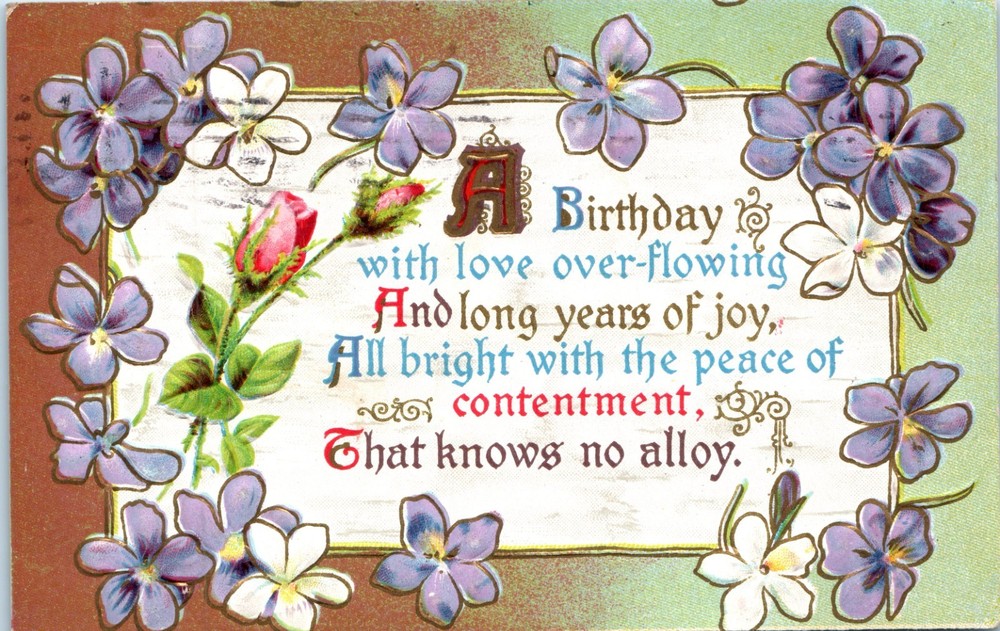Vintage - Lovely Purple & White Flowers Gilt Embossed Birthday - Postcard - P12
