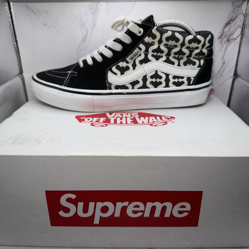 Vans Skate Grosso Mid x Supreme Monogram S Logo Black White Shoes Men Sz 8