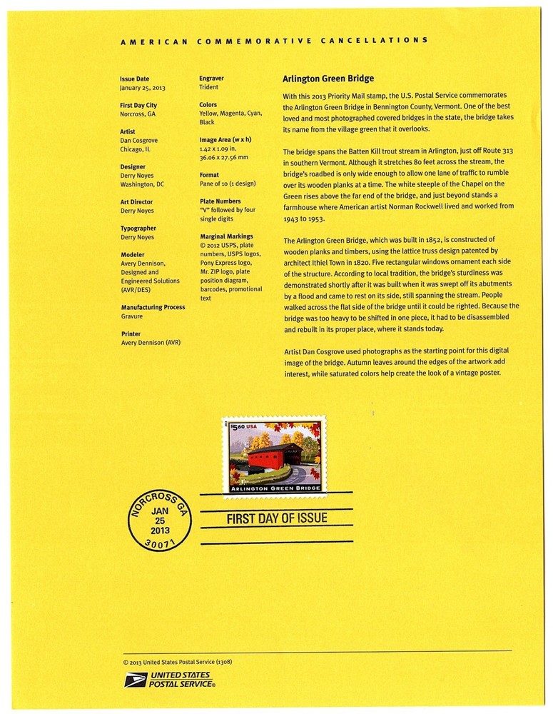 First Day Souvenir Cancellation Page FDC Arlington Green Bridge 4738 2013-08