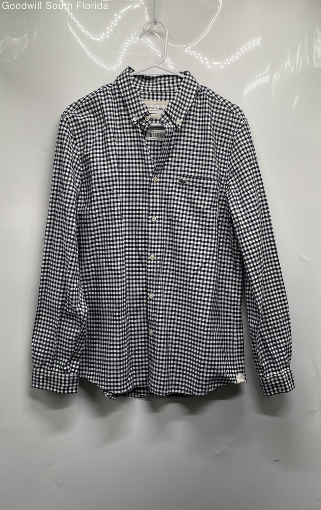 Lacoste Mens White Gingham Long Sleeve Regular Fit Button-Up Shirt Size M