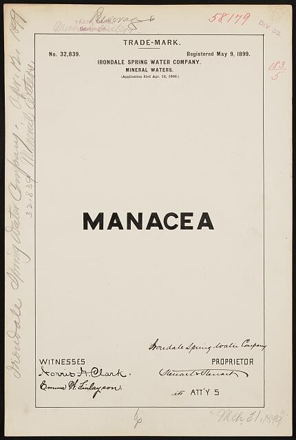 Photo:Irondale Spring Water Company Manacea Mineral Waters Trademark 1899