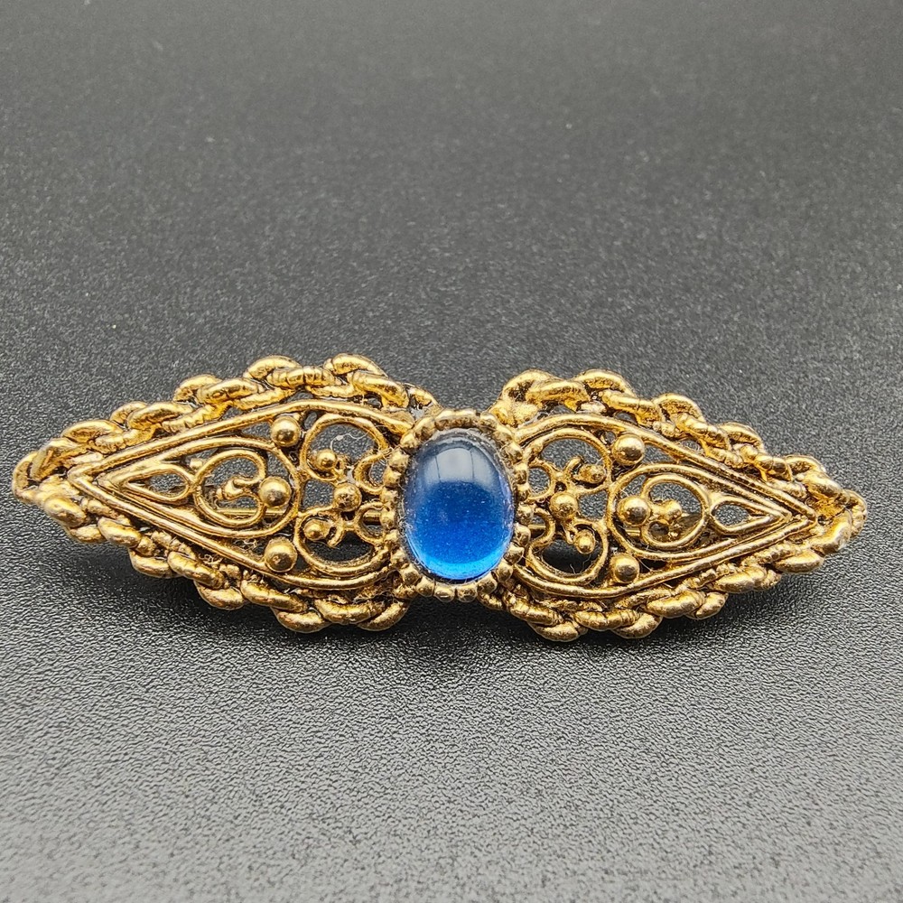 Vintage Victorian Revival Style Bar Brooch Gold Tone Filigree Blue Cabochon