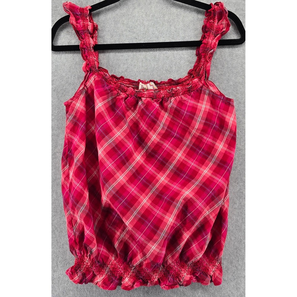 Vtg Ocean Pacific OP Red Plaid Ruffle Strap Smocked Cotton Tank Top Jrs L 11/13