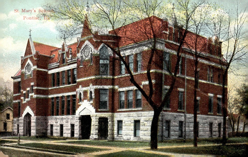 C1910 St. Mary's School Pontiac Illinois IL Color Litho German Print Postcard