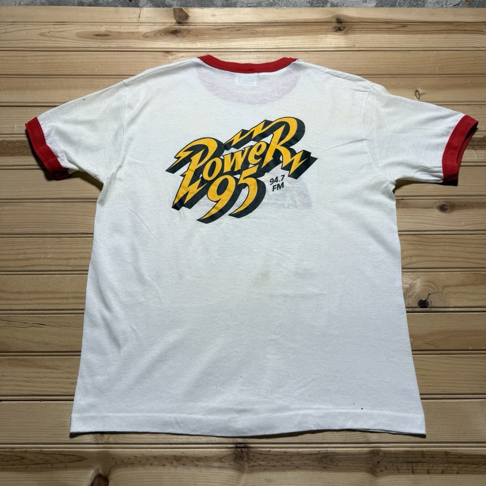 Vintage 80s Power 95 Radio 94.7 FM Team Electronics Rainbow Ringer Tee - Large