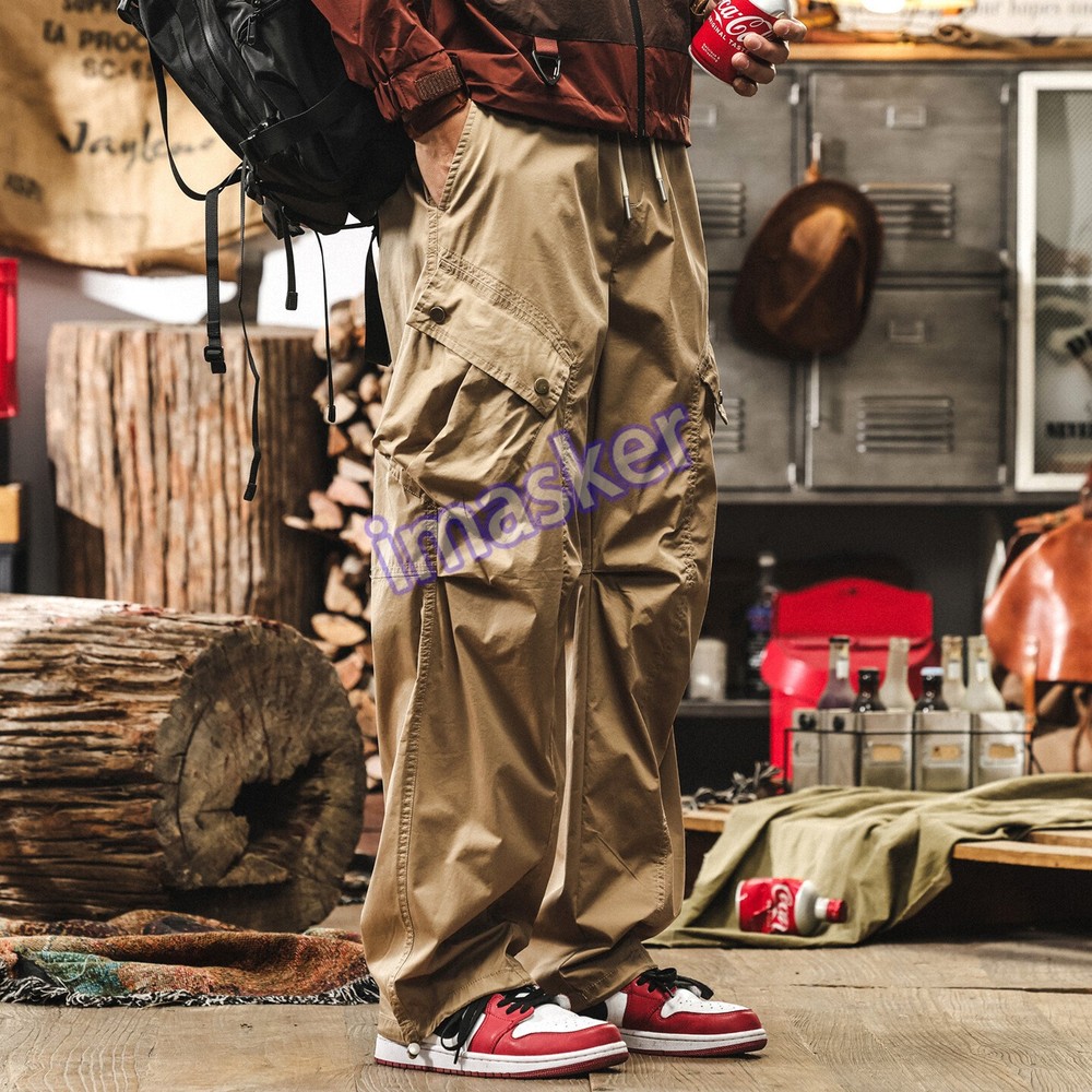 Retro Khaki Cargo Pants Mens Long Pockets Casual Outdoor Loose Straight Trousers