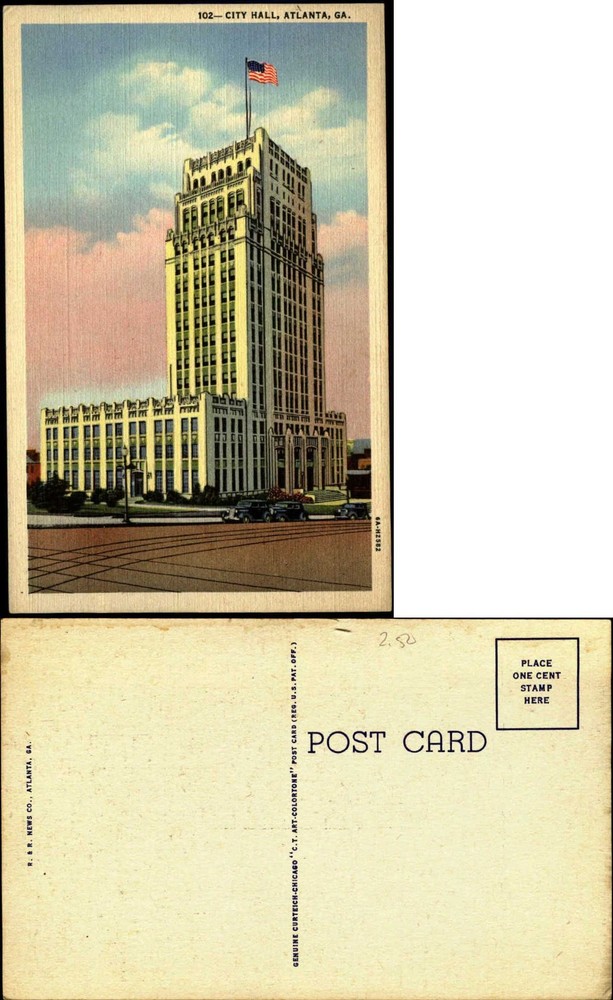 City Hall Atlanta GA Georgia antique cars ~ linen unused