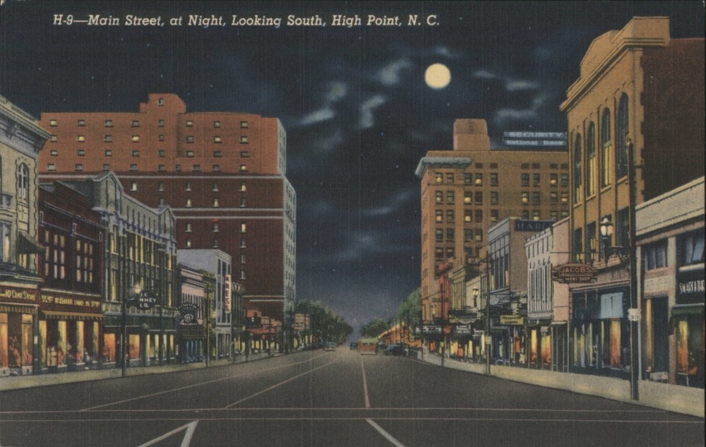 High Point, North Carolina NC Main Street Night, Looking South Teich Postcard
