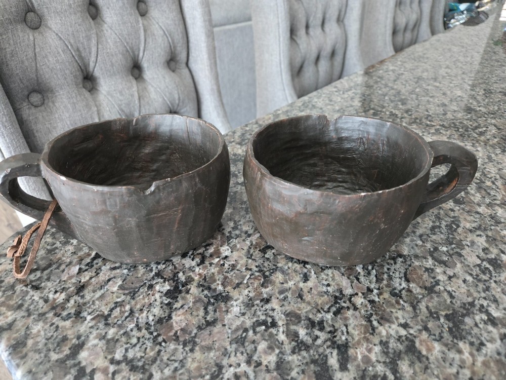 Vintage Hand Made Rustic Style Wooden Look Cups Mugs Set of 2