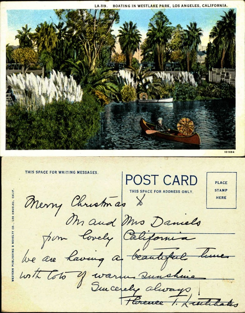 Boating in Westlake Park Los Angeles California CA parasol pampas grass 1920s