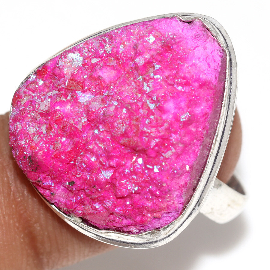 Pink Titanium Druzy 925 Silver Plated Gemstone Ring US 12 Gifts Jewelry JW